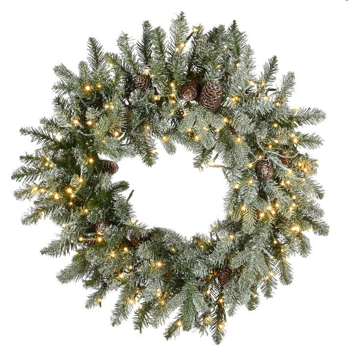 24" Snowy Spruce Wreath with Dual Color Led Cosmic Lights Green Led