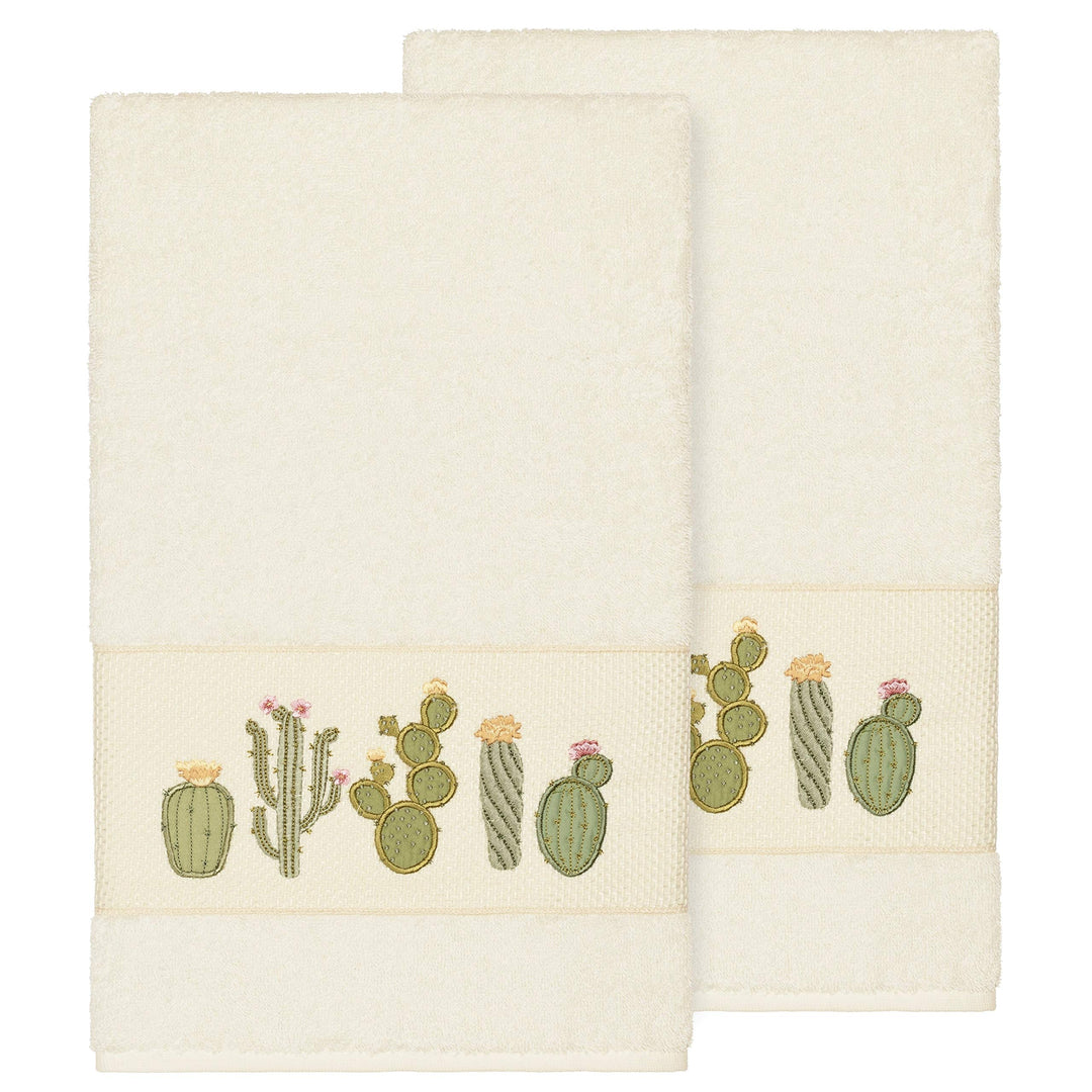 Turkish Cotton Cactus Embroidered Cream 2-Piece Bath Towel Set Cream Terry Cloth