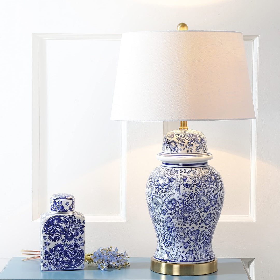 29.5" Ceramic Led Table Lamp Blue/White Blue Traditional Transitional Brass Gold