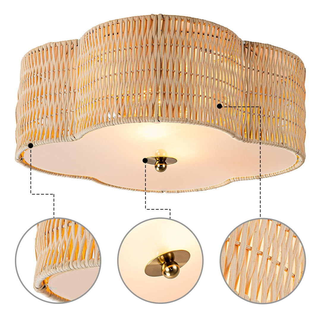 2-light Rattan Ceiling Flush Mount with Glass Bottom Yellow Nautical Coastal - Diamond Home USA