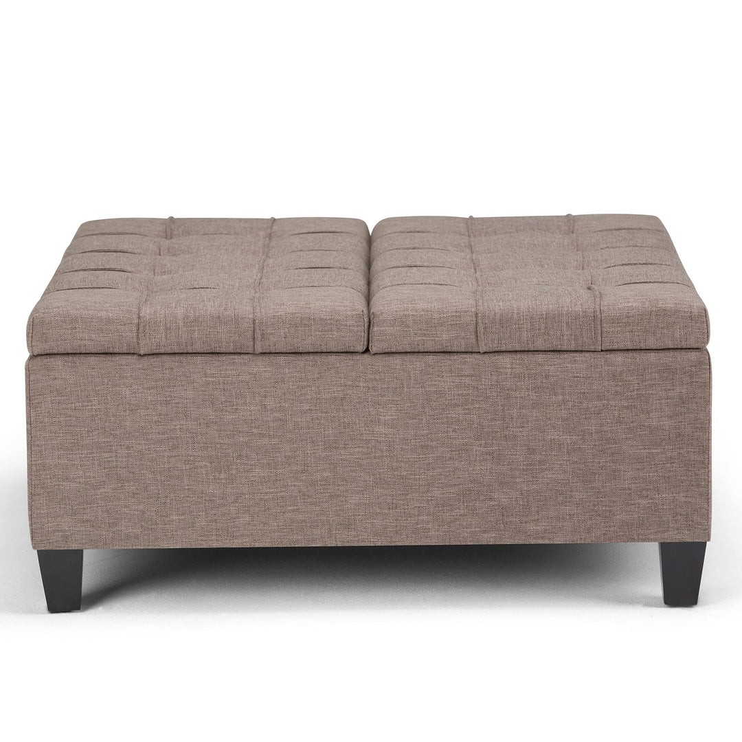 SIMPLIHOME Harrison 36 Inch Wide Square Table Lift Top Storage Ottoman Distressed