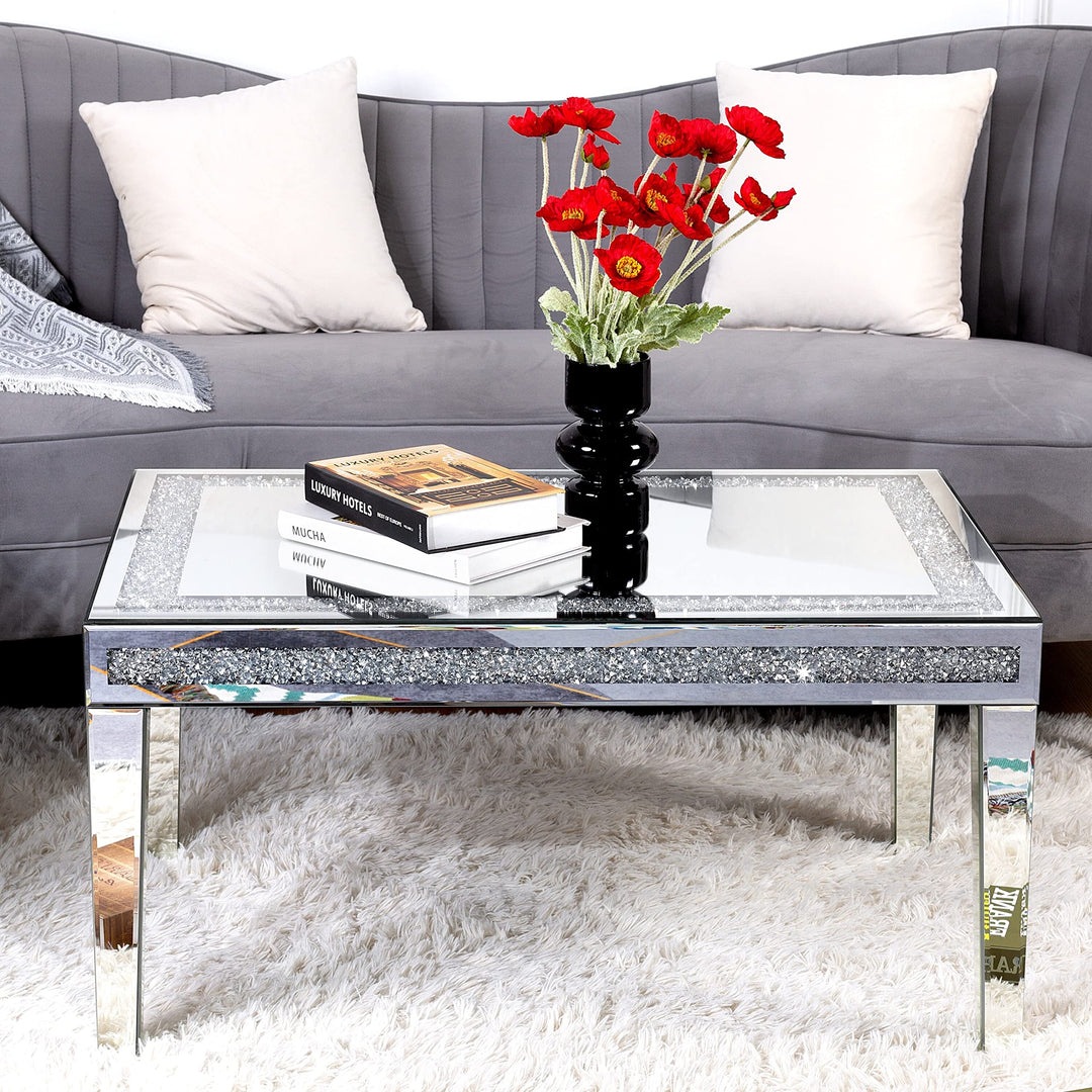 Mirrored Coffee Table with Crystal Inlay ctangle Silver Accent Contemporary
