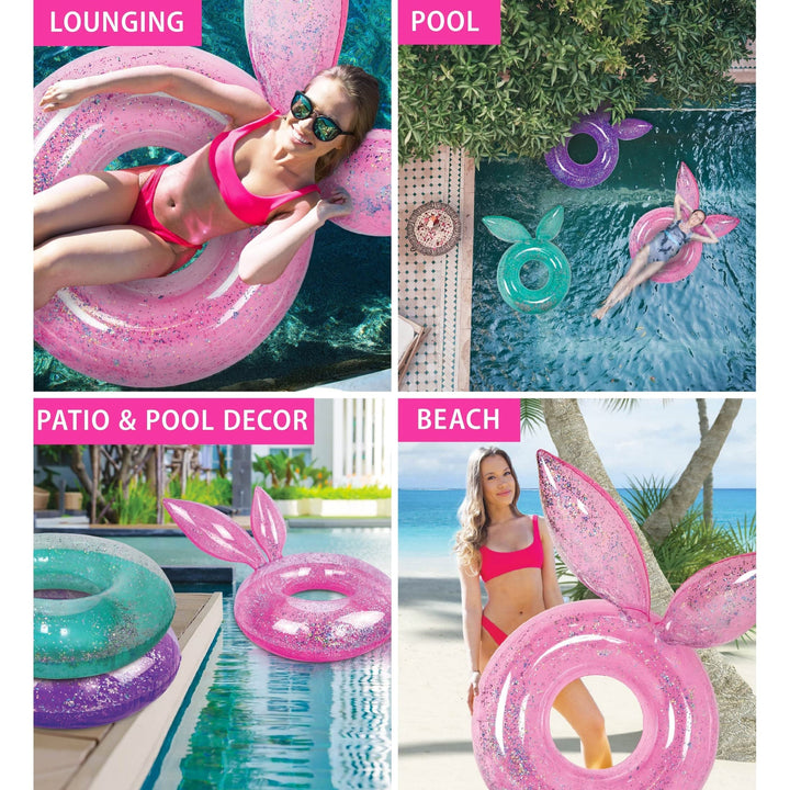 Inflatable Bunny Pool Float Tube with Sparkle Silver Confetti 36 Inch Pink - Diamond Home USA