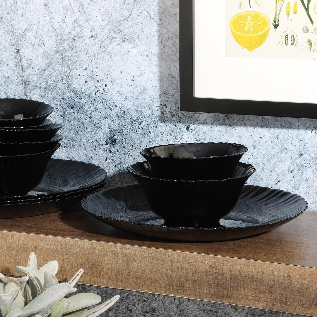 12 Piece Glass Dinnerware Set Black Textured Modern Contemporary Round - Diamond Home USA