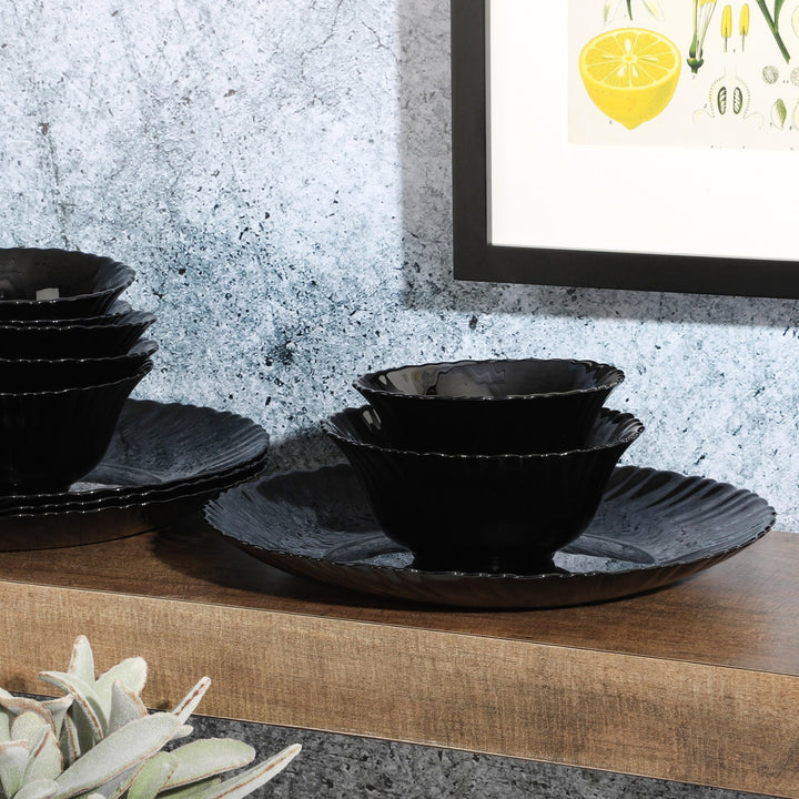 12 Piece Glass Dinnerware Set Black Textured Modern Contemporary Round - Diamond Home USA