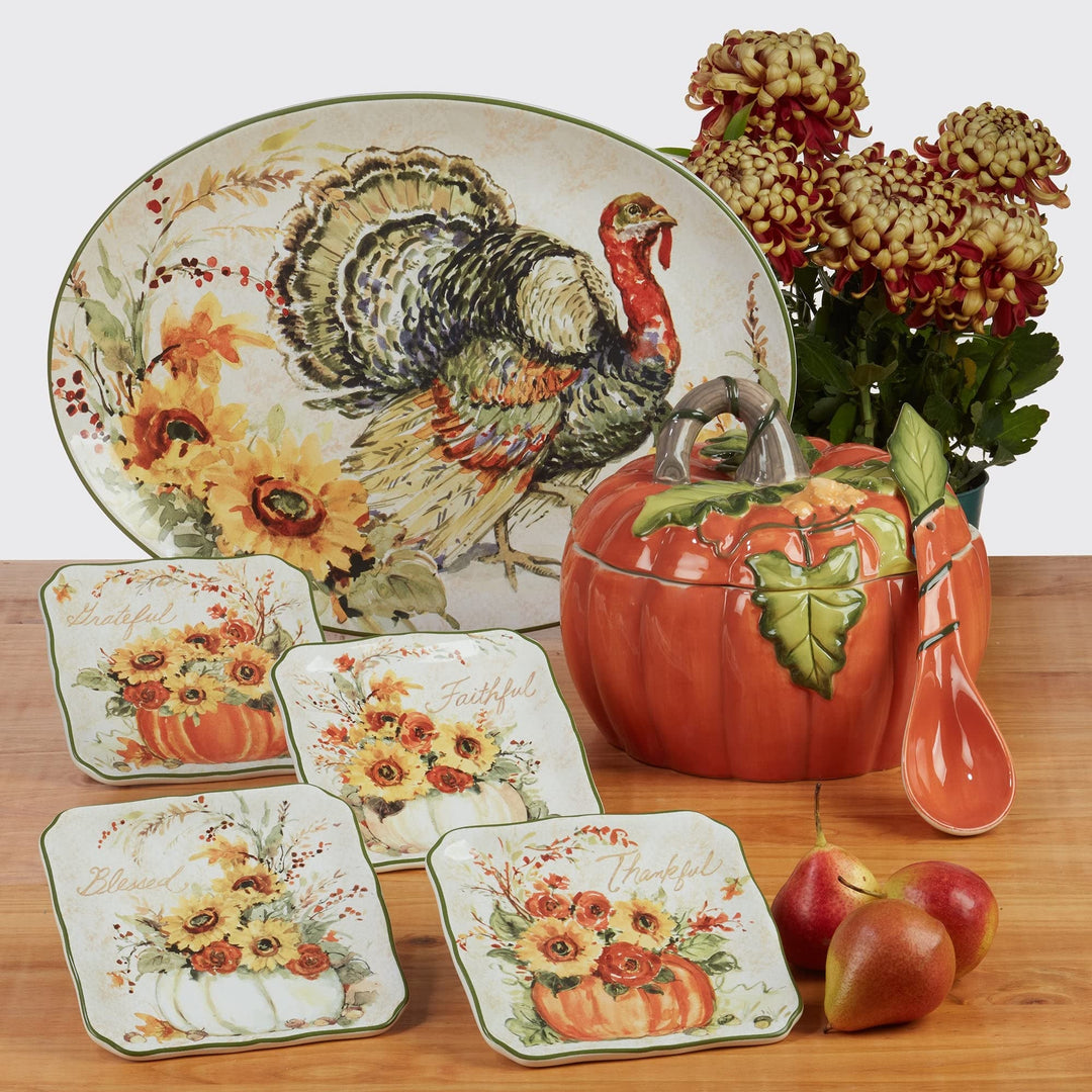Harvest Morning Pumpkin Tureen/ladle Oz. Oz. Green Multi Color Orange Casual - Diamond Home USA