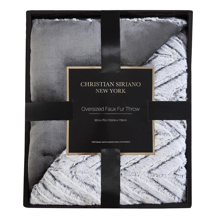 Christian Siriano - Grey Chevron Luxury Faux Fur Filled Throw (60" x 70") - Gift - Diamond Home USA
