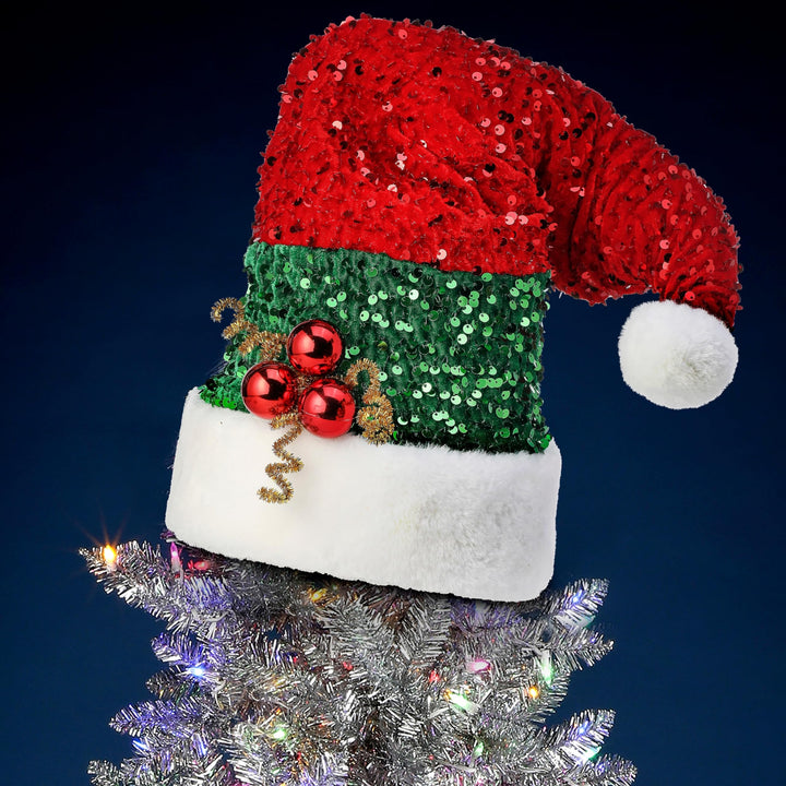 10" Glitter Sequin Santa Hat Tree Topper Red Polyester