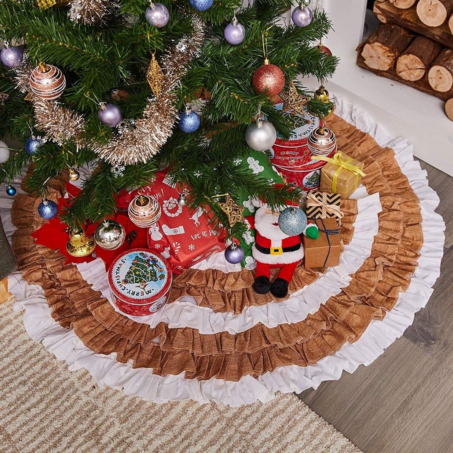 48 inch Linen Christmas Tree Skirt with Ruffled White Natural Brown Classic Diamond Home USA