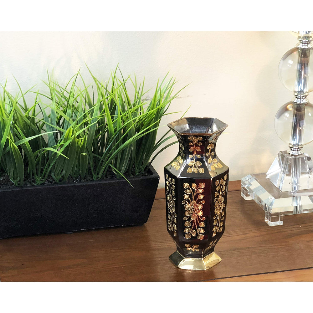 Brass Hexagonal Floral Bottle Gold Traditional Vintage Finish - Diamond Home USA