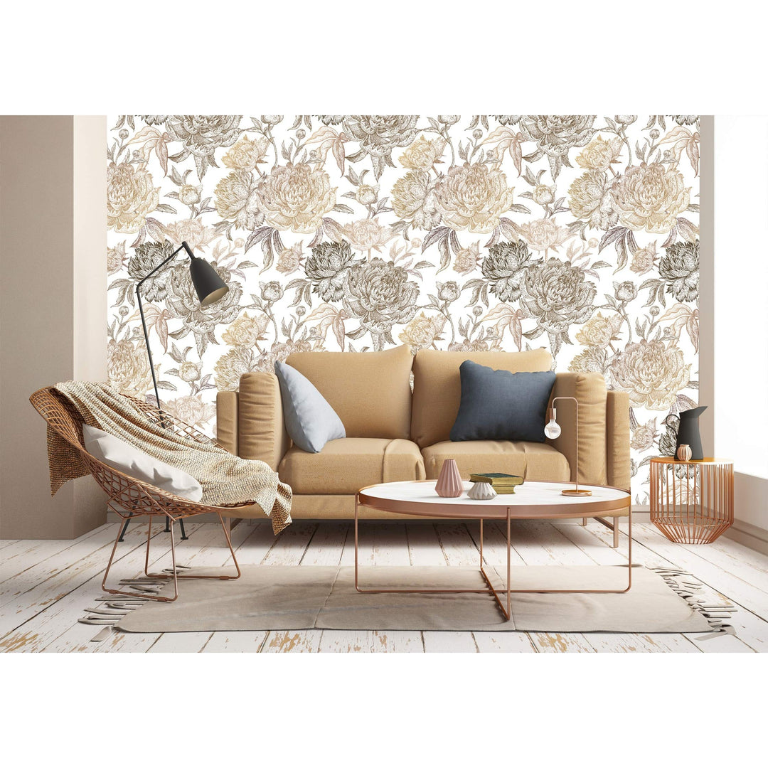 Golden Blossom Peonies Removable Wallpaper - 24'' Inch X 10'ft White Floral - Diamond Home USA