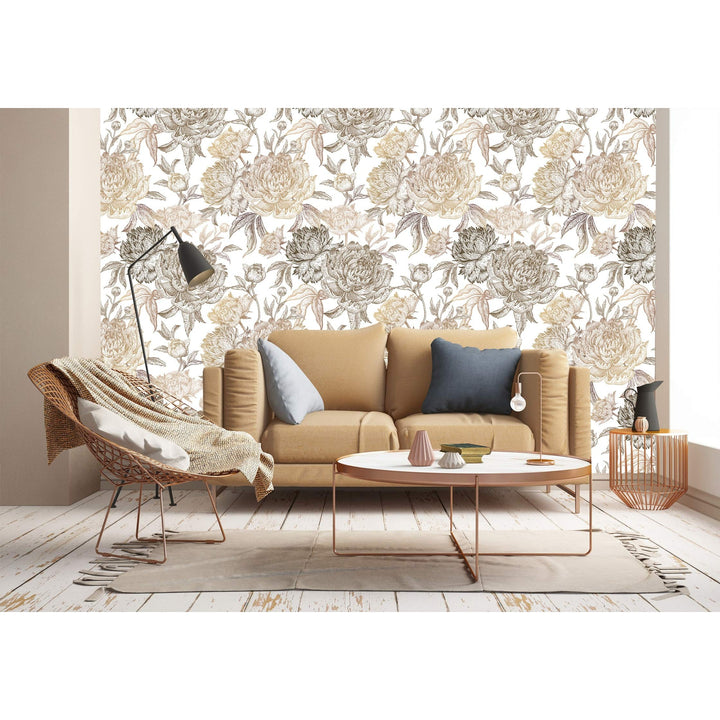 Golden Blossom Peonies Removable Wallpaper - 24'' Inch X 10'ft White Floral - Diamond Home USA