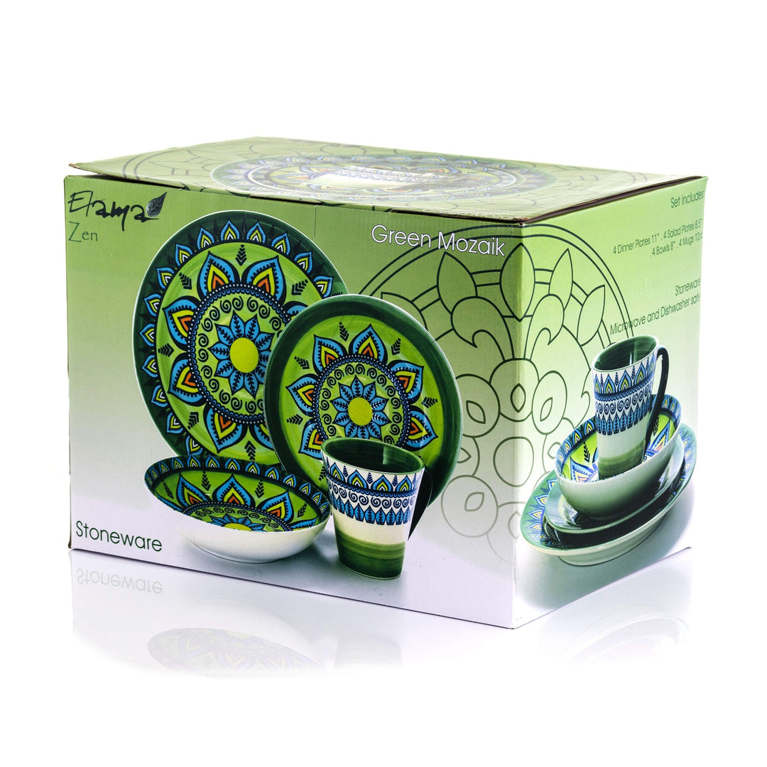 16 Piece Round Stoneware Dinnerware Set in Green Floral Casual Microwave Safe - Diamond Home USA