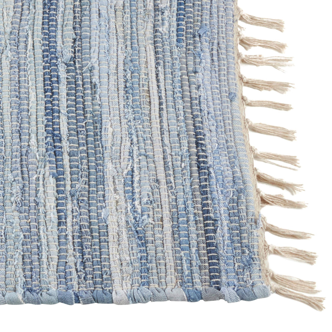 Rag Placemat with Tassels Set of 4 Denim Blue Striped Cotton Rags Fringed Chindi - Diamond Home USA