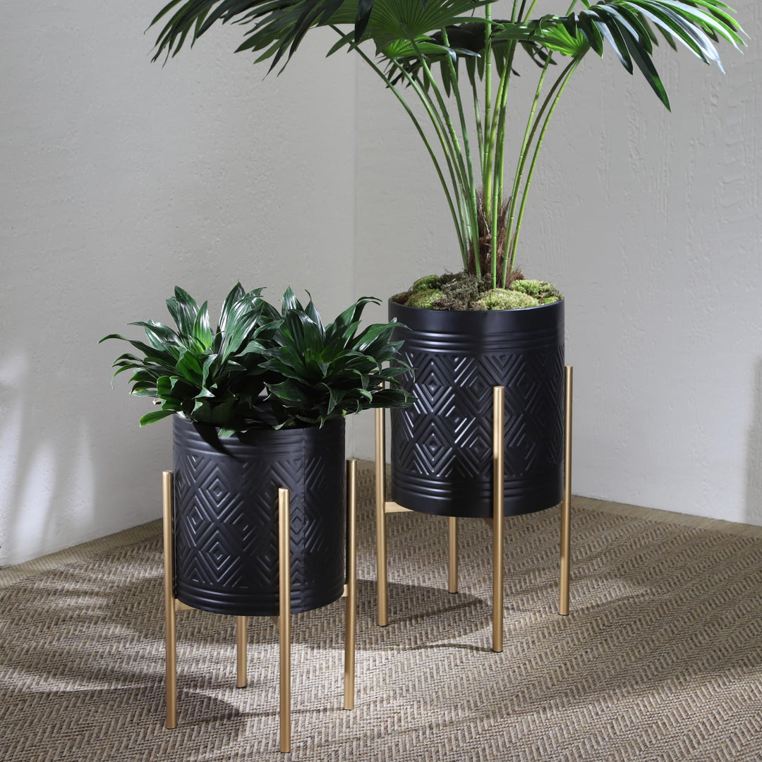 Planters for Indoor Outdoor Plants Set of 2 Plant Pots with Gold Stand Black