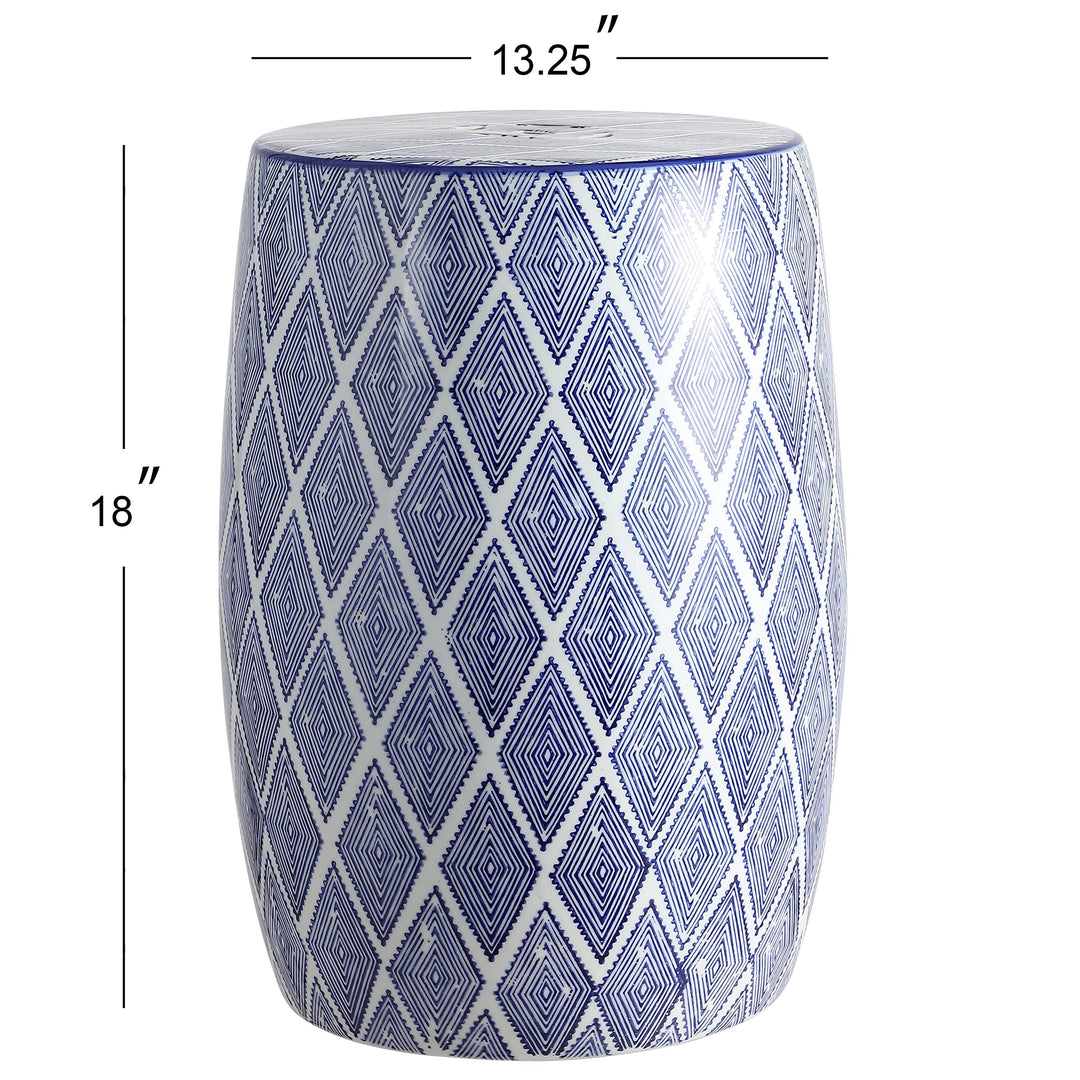 Moroccan Diamonds 18" Ceramic Drum Garden Stool Blue White Modern Contemporary - Diamond Home USA