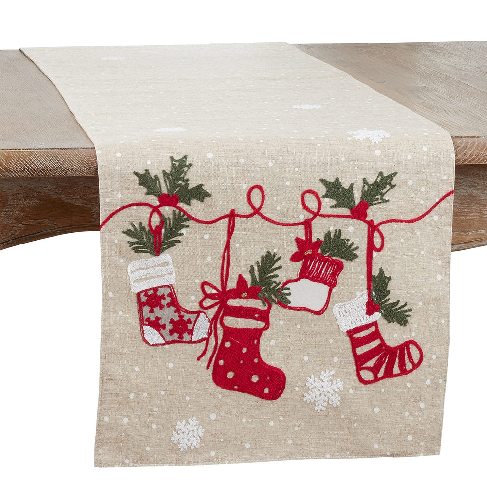 Christmas Table Runner with Stockings Design 16"x70" Tan Linen Polyester - Diamond Home USA