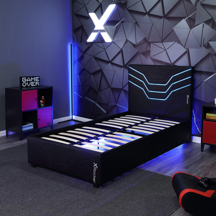 X Rocker Cosmos RGB LED Twin Size Platform Gaming Bed Frame Hardwood Slat Multi