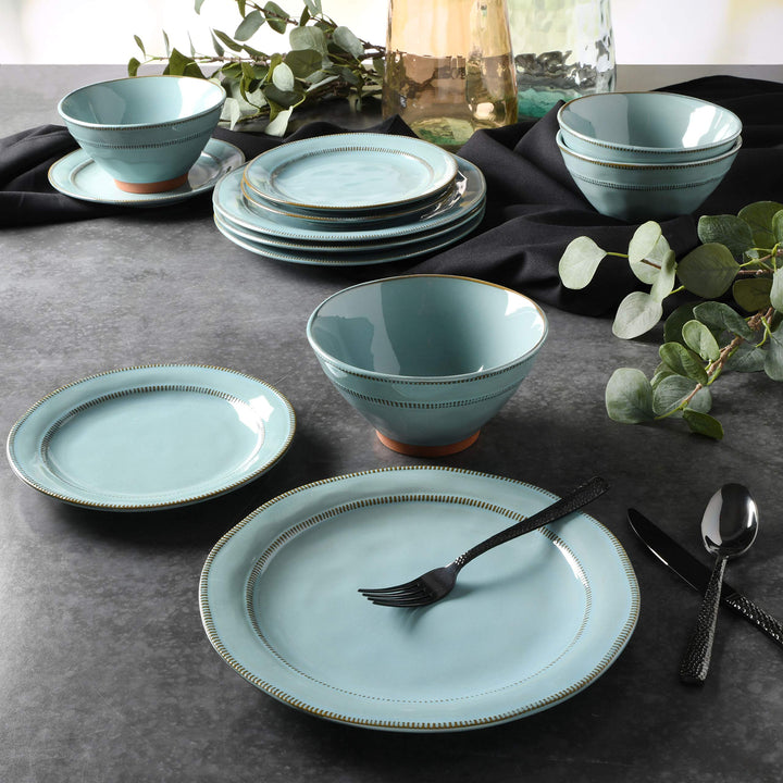 Gibson Elite Terranea Round Reactive Glaze Terra Cotta Dinnerware Set Service Teal - Diamond Home USA