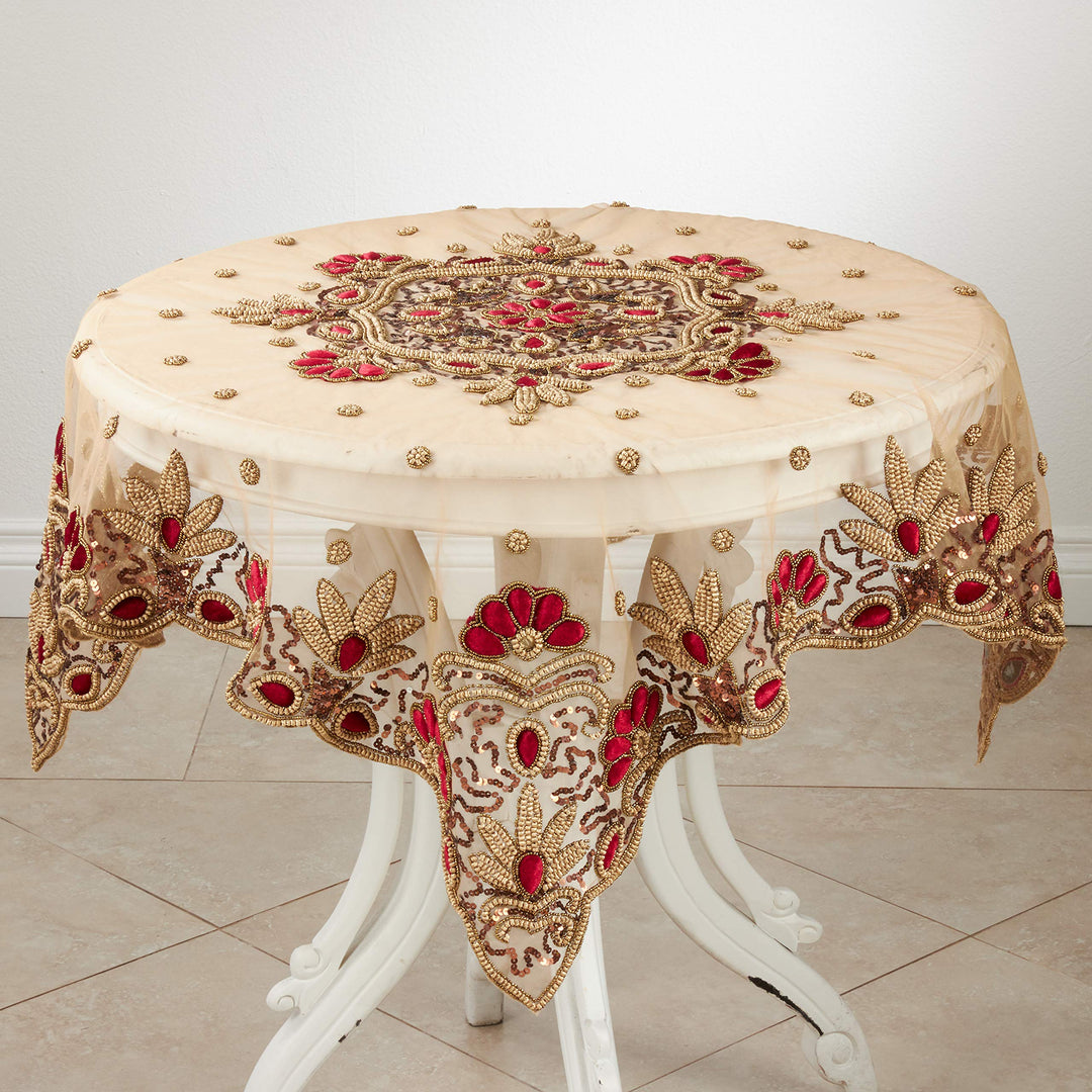 SARO LIFESTYLE Irena Collection Hand Beaded Tablecloth 40" Burgundy Burgundy - Square