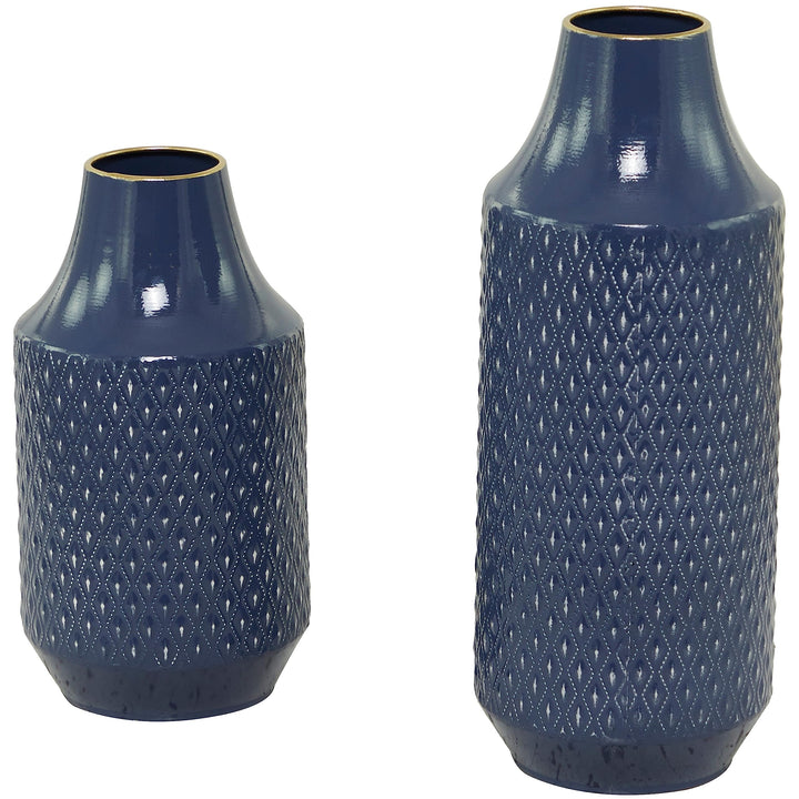 Blue Metal Diamond Embossed Exterior Vase 6.20w X 6.15l 15.65h Modern - Diamond Home USA