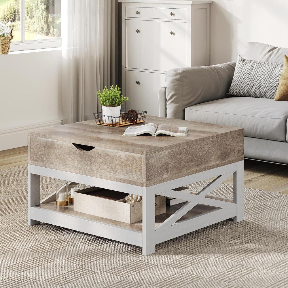 Farmhouse Lift Top Square Coffee Table with Storage and Shelf Grey Modern - Diamond Home USA