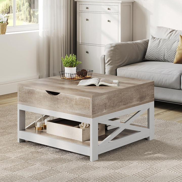 Farmhouse Lift Top Square Coffee Table with Storage and Shelf Grey Modern - Diamond Home USA