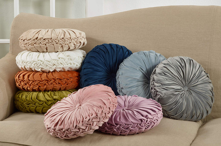 SARO LIFESTYLE Madison Collection Round Velvet Pintucked Throw Poly Filled White - Diamond Home USA