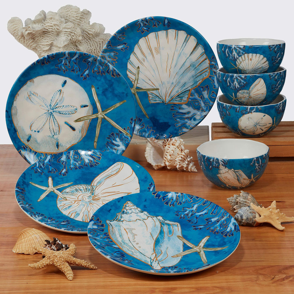 Shells 26 Oz. Ice Cream/Dessert Bowls Set of 4 Blue Gold White Coastal Casual - Diamond Home USA