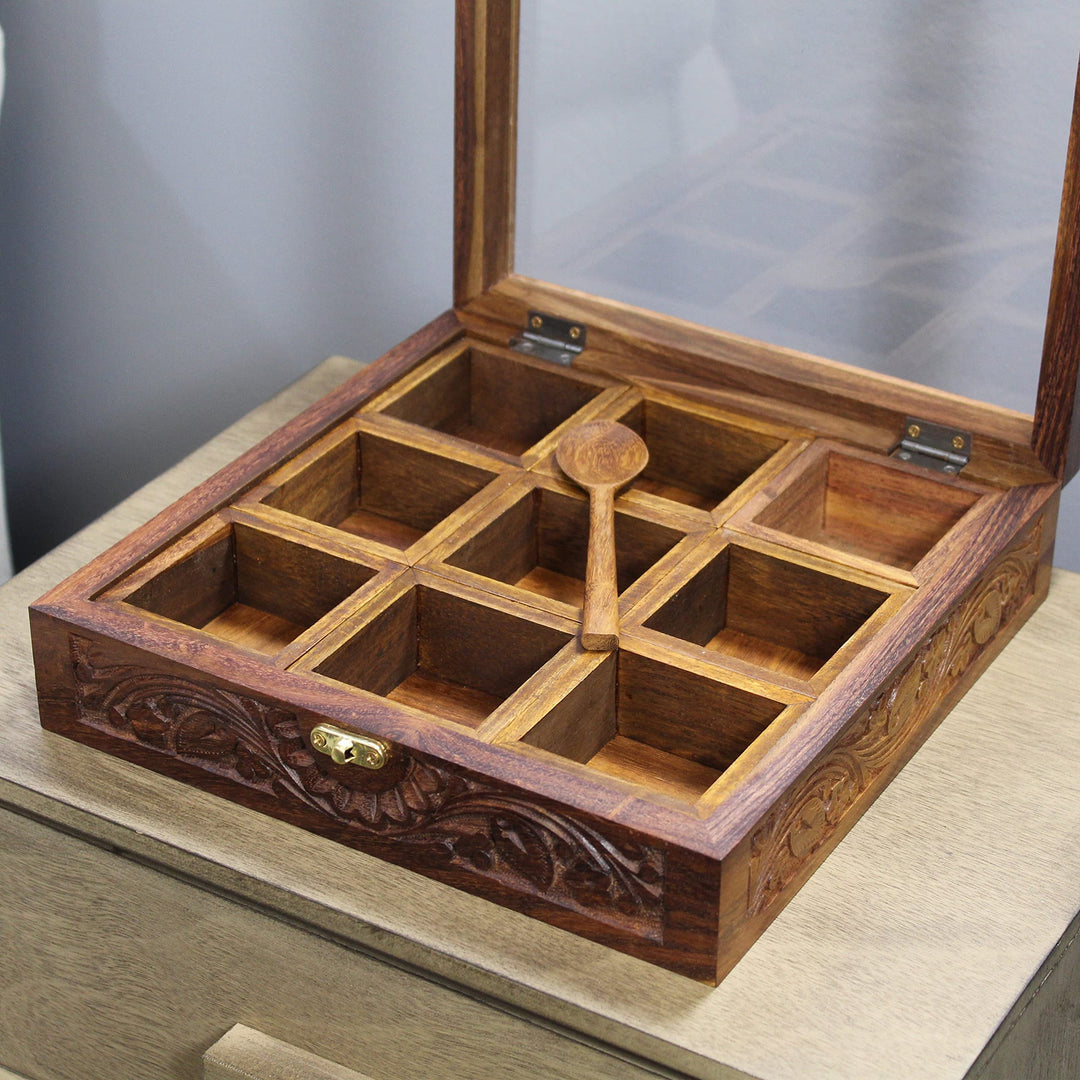 Rosewood Spice Organizer Box Brown Farmhouse Wood Finish Handmade - Diamond Home USA