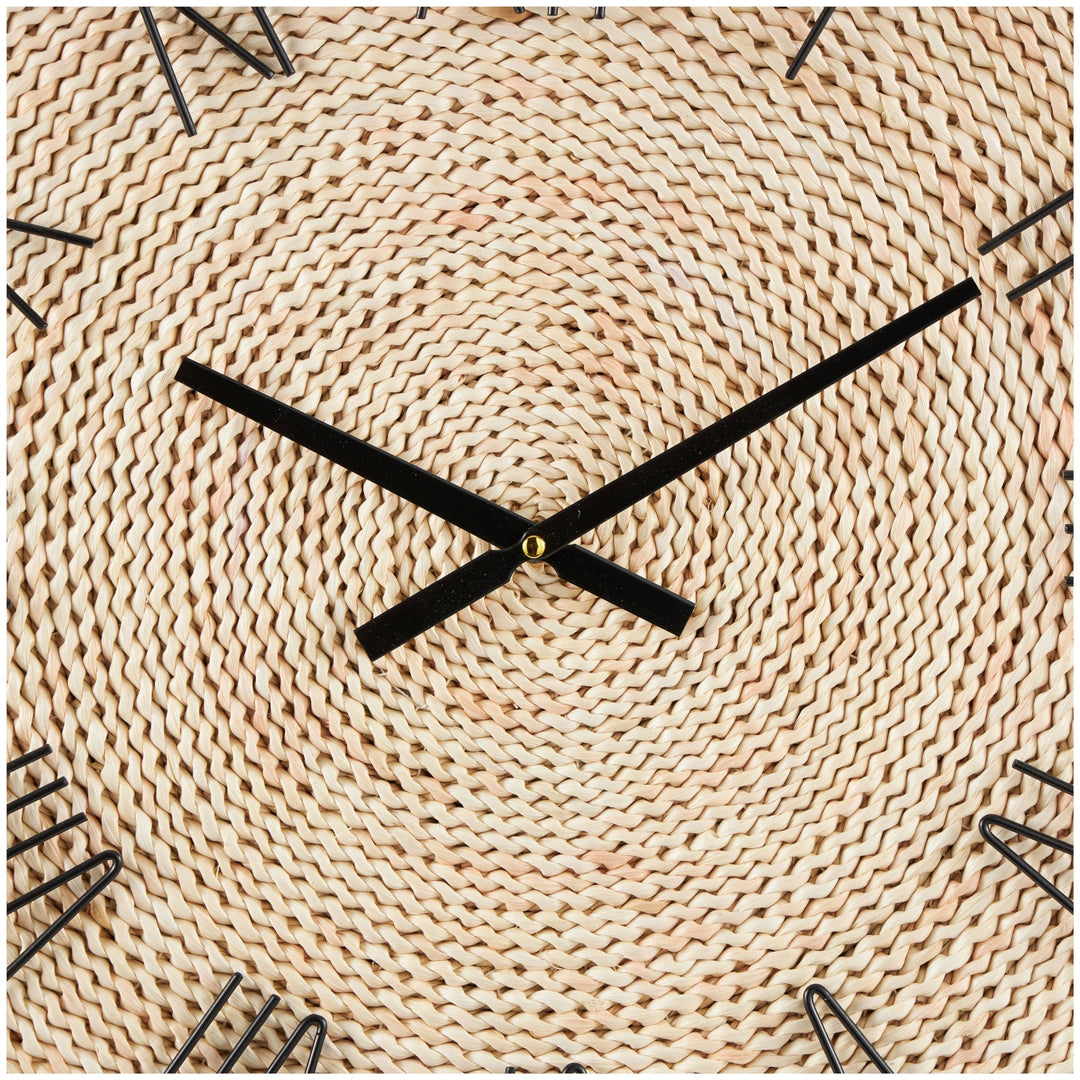 Brown Dried Plant Coiled Wall Clock with Black Metal Frame Rattan - Diamond Home USA