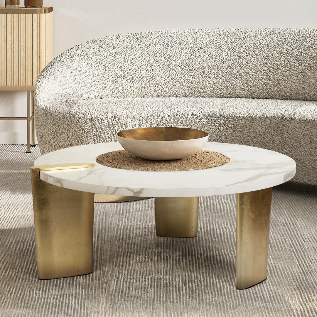 Modern Glam Round Coffee Table Golden Legs with White Marble Veneer 37" D X