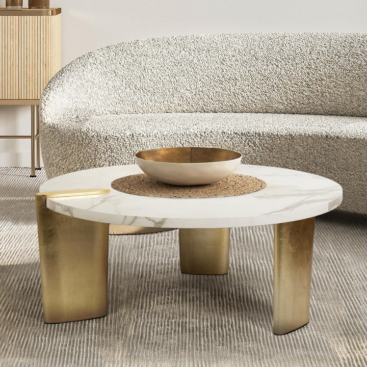 Modern Glam Round Coffee Table Golden Legs with White Marble Veneer 37" D X