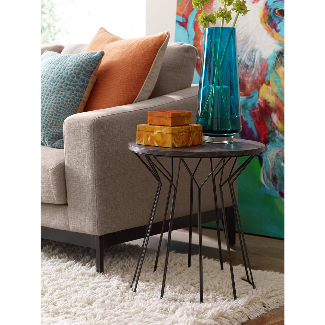 Black Metal Side Table with Wood Top Modern Contemporary Round Iron Finish Solid