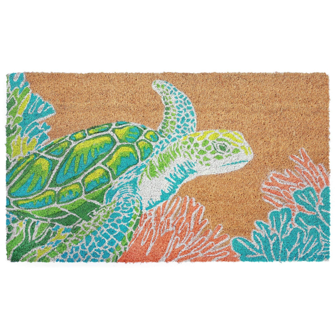Giant Seaturtle Doormat Teal Coral Blue Green Sea Turtle Ocean Life Design Front