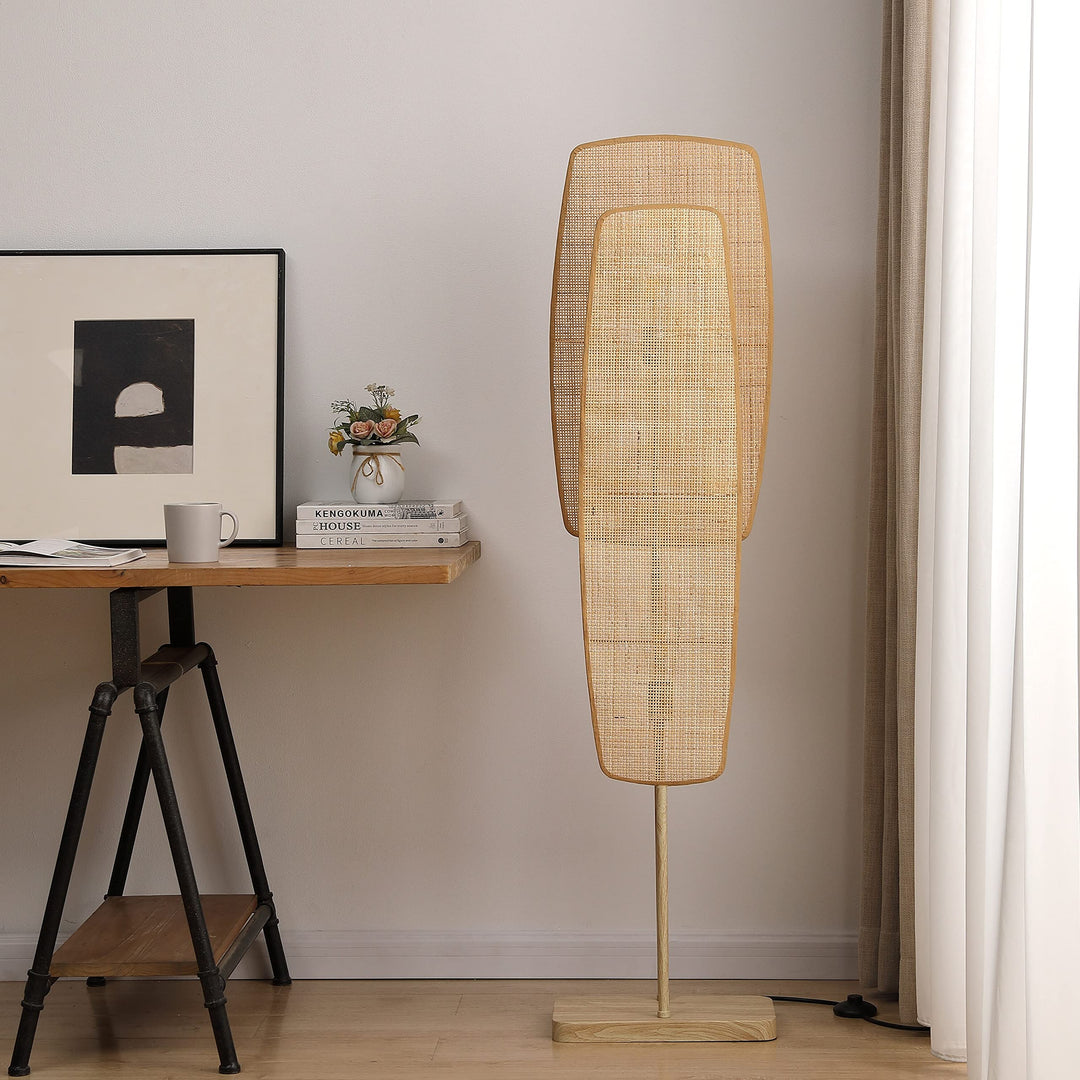 Floor Lamp 2-Light with Bamboo Wicker Panels Wood Finish Beige Bohemian Eclectic - Diamond Home USA