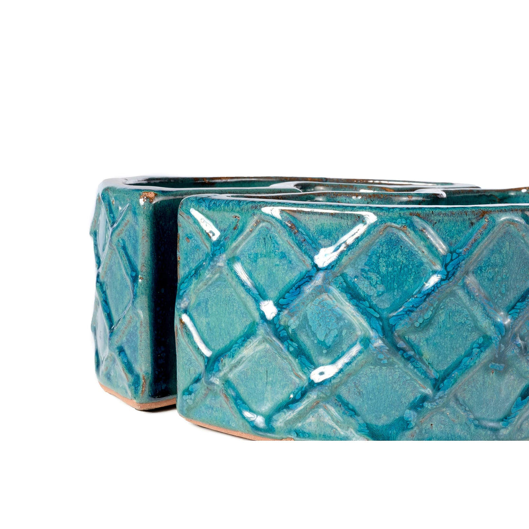 Blue Ceramic Trellis Round Umbrella Planter - Diamond Home USA