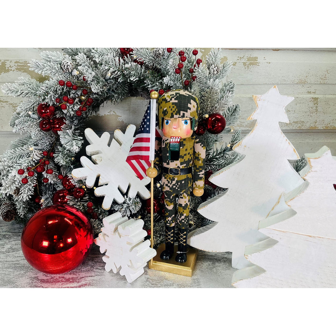 Santa's Workshop Army Nutcracker with Flag 14 Green Wood - Diamond Home USA