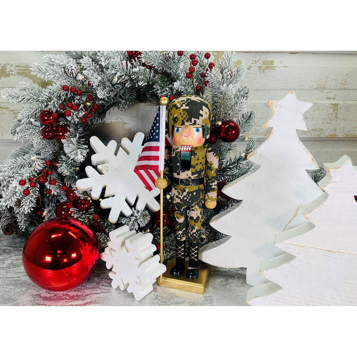Santa's Workshop Army Nutcracker with Flag 14 Green Wood - Diamond Home USA