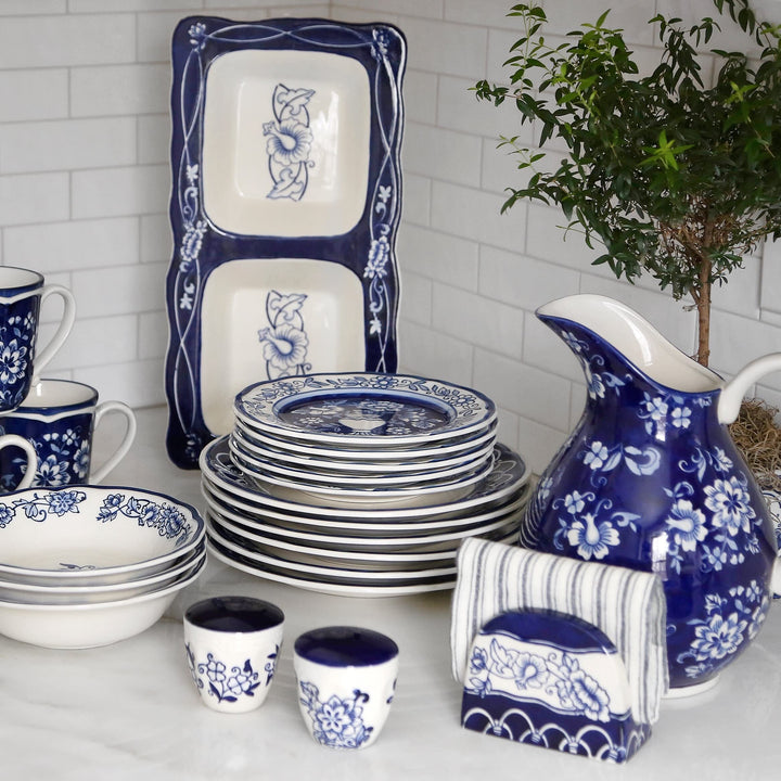 Euro Blue Garden Stoneware Hand-Painted 2.7 Lt Pitcher with Handle 8.7 X 7.1 - Diamond Home USA