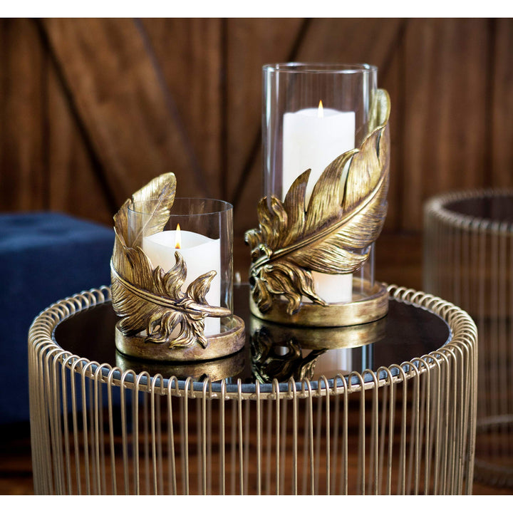 Large Metallic Gold Feather Candle Holder with Hurricane Glass 6" X 10" 6 10 - Diamond Home USA