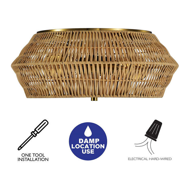 2-Light Natural Rattan Flush Mount Ceiling Light 16 in. Bohemian Eclectic - Diamond Home USA