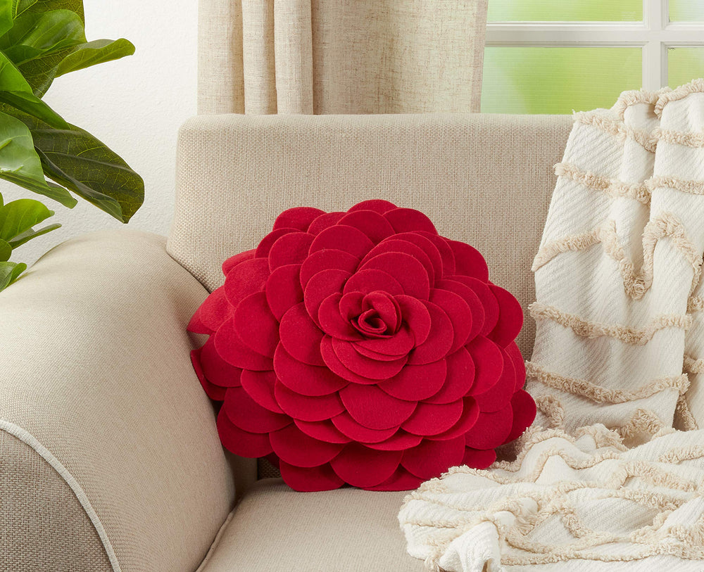 SARO LIFESTYLE Flower Design Poly Filled Throw Pillow Red 16" - Diamond Home USA