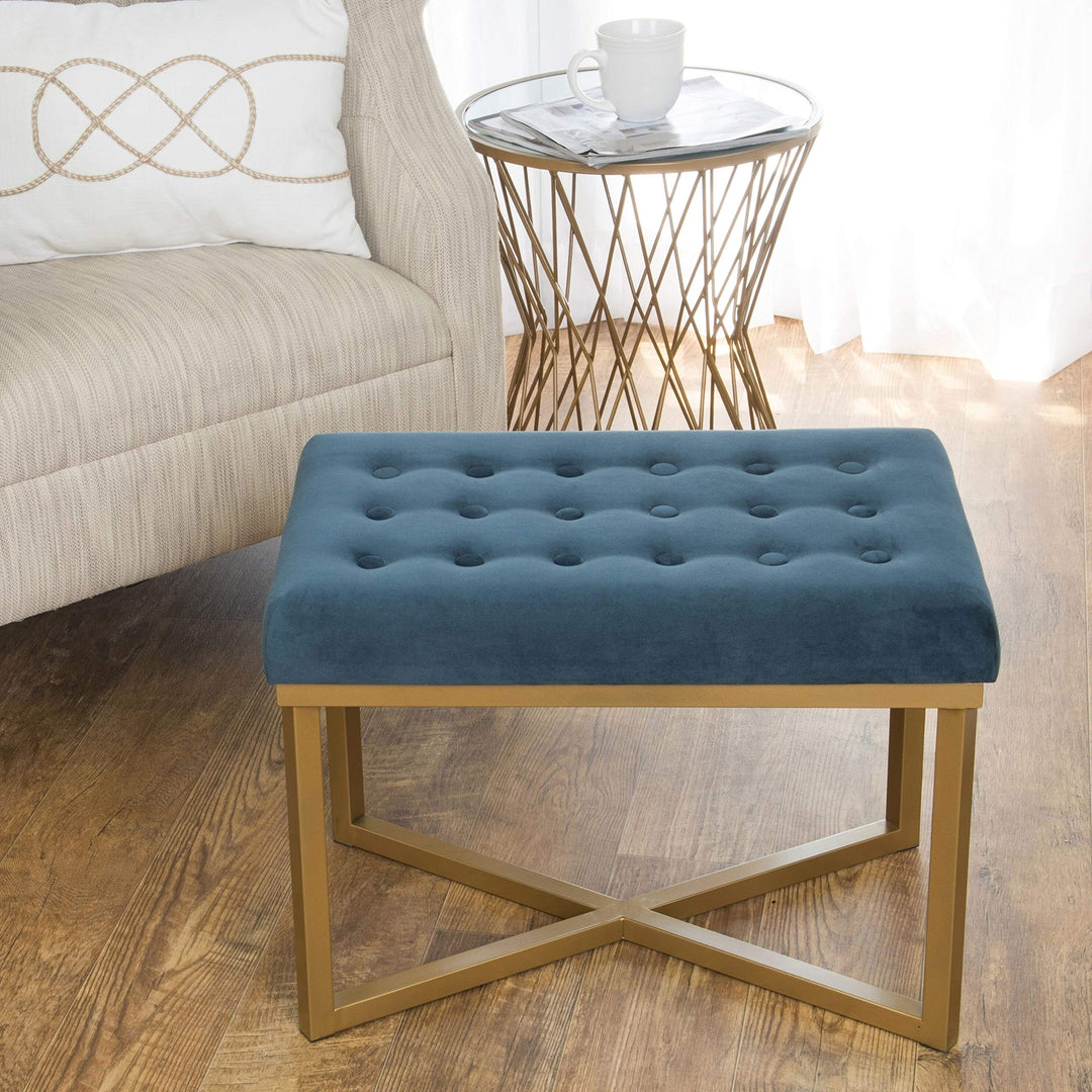Rectangular Ottoman with Midnight Velvet Tufted Cushion and Gold Metal X Base