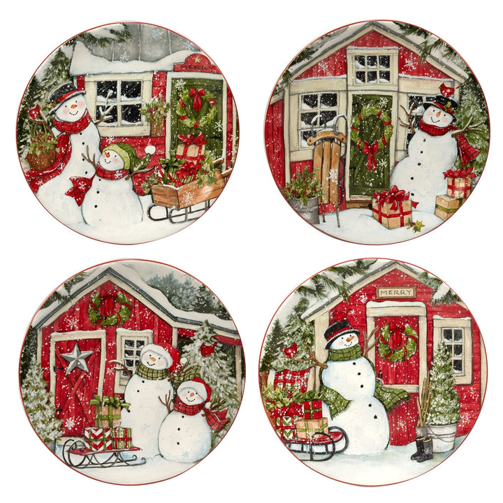 Snowman's Farmhouse 16 Pc. Dinnerware Set Service For 4 Multi Color Red White - Diamond Home USA