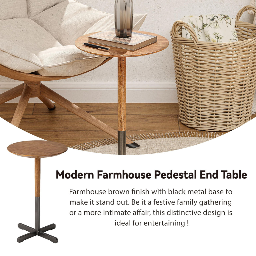 Small Pedestal End Table Modern Drink with Solid Fir Wood Top and Metal Base - Diamond Home USA