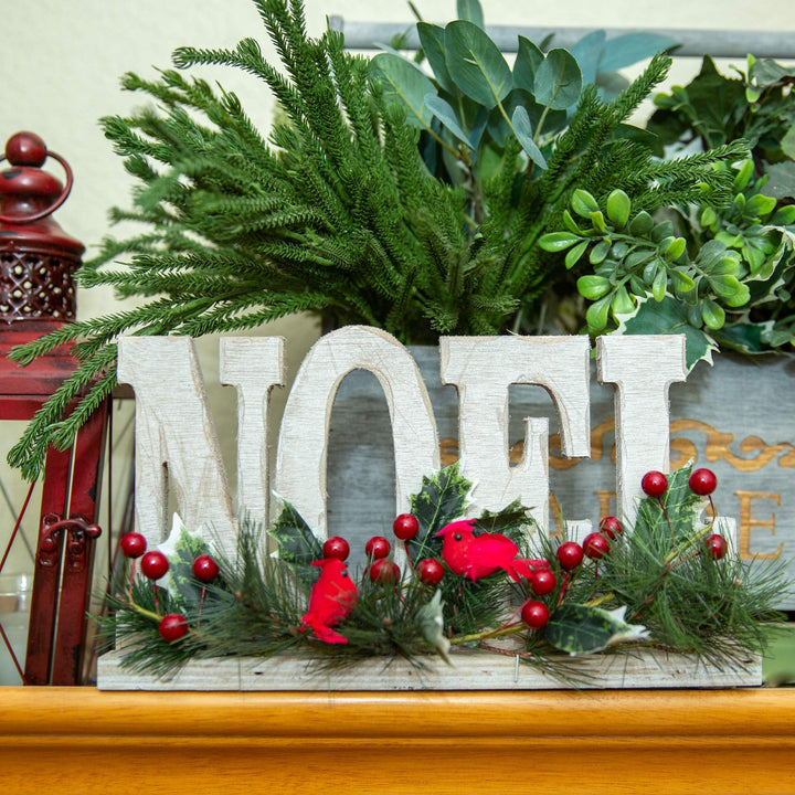 Flora Bunda 12 inch Noel Wood Sign w Cardinal Berries Christmas Home Décor - Diamond Home USA