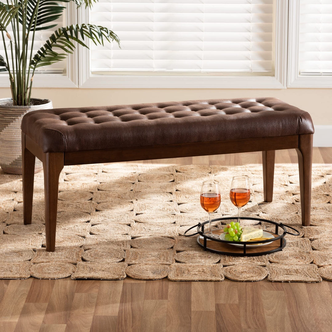 Mid-Century Modern Leather-Effect Polyester Upholstered Wood Dining Bench