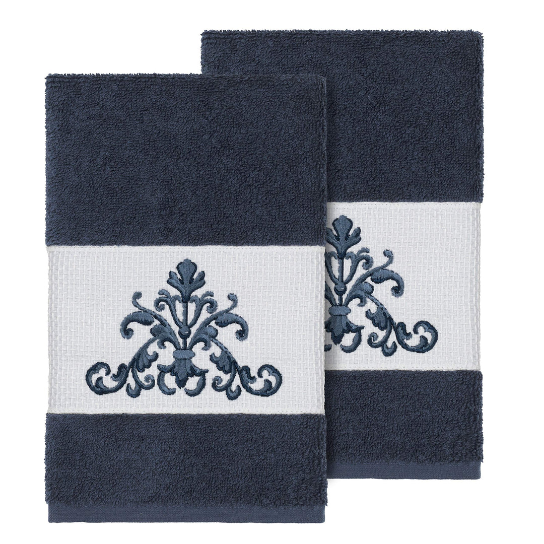 Midnight Blue Turkish Cotton Scrollwork Embroidered Hand Towels (Set of 2)