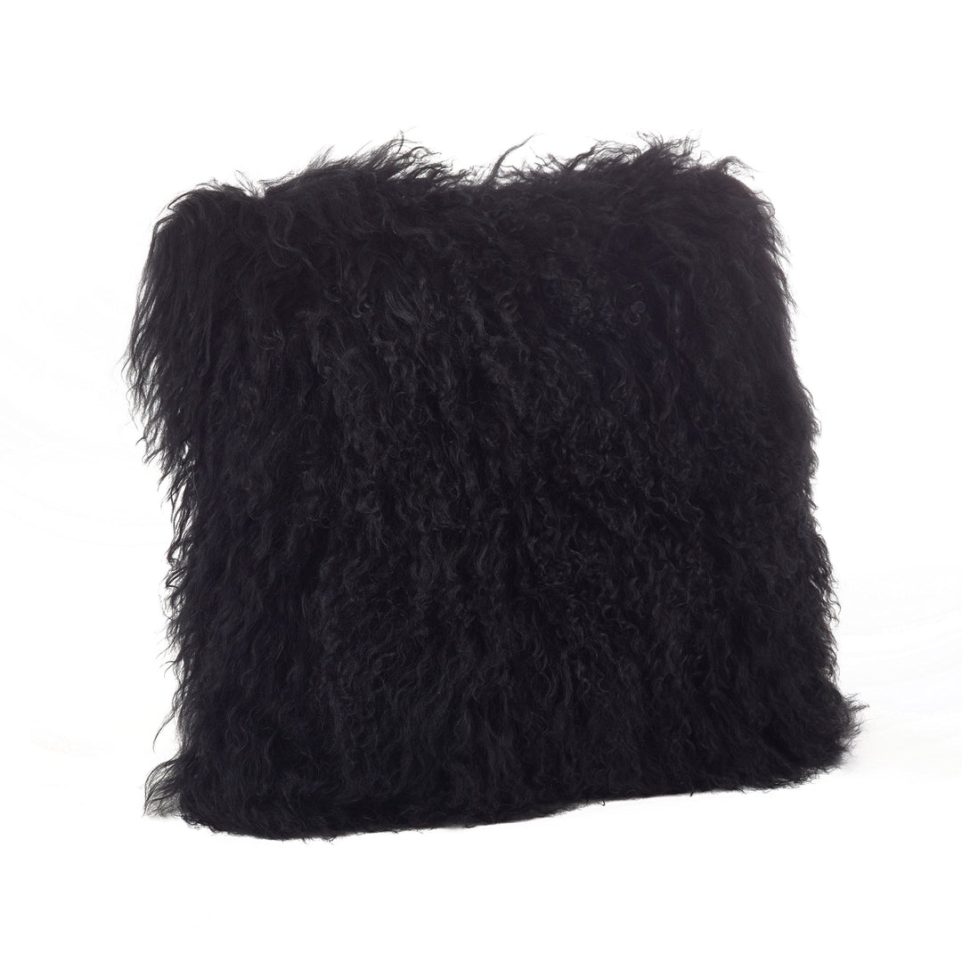 SARO LIFESTYLE 100% Wool Mongolian Lamb Fur Throw Pillow with Poly Filling 16" 16 X 16 - Black